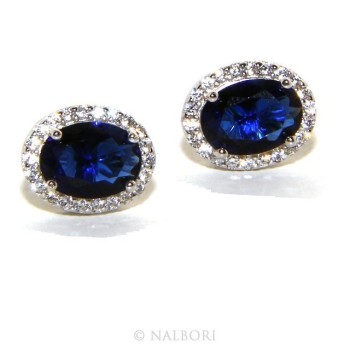 NSA|Argento 925 : orecchini donna stud bottone oval pietra zirconia cubica blue sapphire bluette 10x8