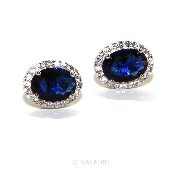 NSA|Argento 925 : orecchini donna stud bottone oval pietra zirconia cubica blue sapphire bluette 10x8