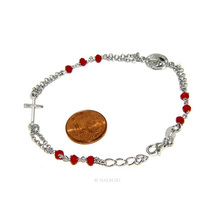 NSA|Bracciale rosario uomo donna in Argento 925 madonna , croce e cristallo rosso 16,00 18,50 cm