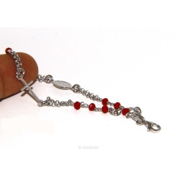NSA|Bracciale rosario uomo donna in Argento 925 madonna , croce e cristallo rosso 16,00 18,50 cm