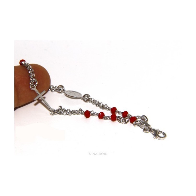 NSA|Bracciale rosario uomo donna in Argento 925 madonna , croce e cristallo rosso 16,00 18,50 cm
