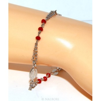 NSA|Bracciale rosario uomo donna in Argento 925 madonna , croce e cristallo rosso 16,00 18,50 cm