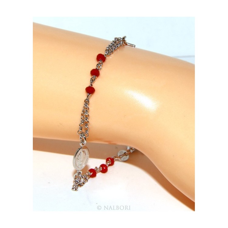 NSA|Bracciale rosario uomo donna in Argento 925 madonna , croce e cristallo rosso 16,00 18,50 cm