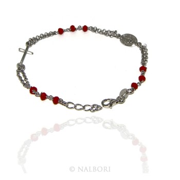 NSA|Bracciale rosario uomo donna in Argento 925 madonna , croce e cristallo rosso 16,00 18,50 cm