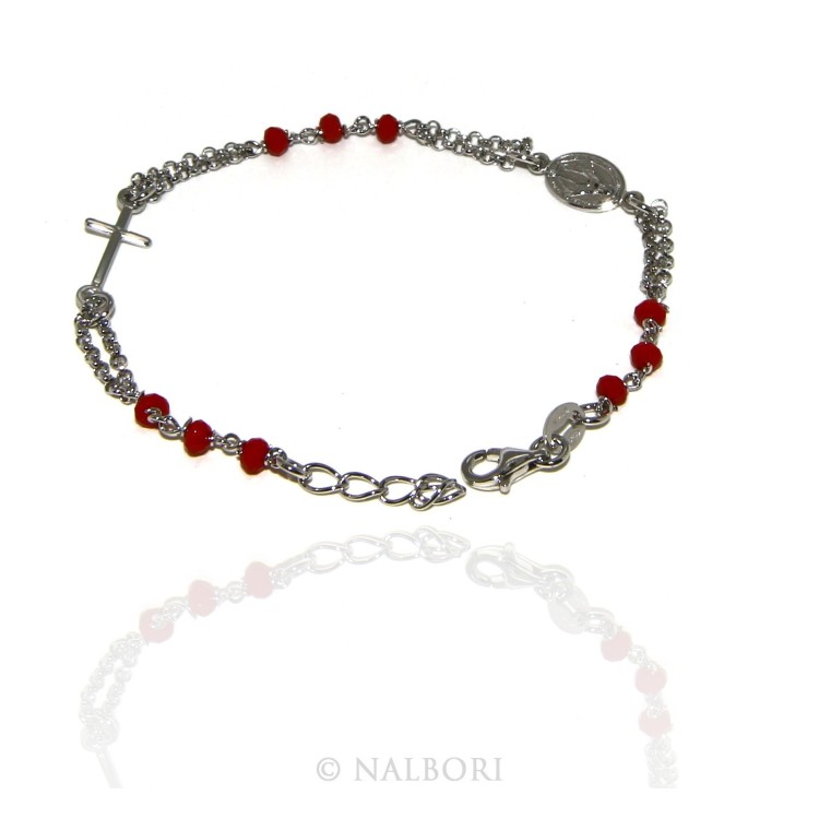 NSA|Rosary bracelet male female 925 madonna, cross and red crystal 16.00 18.50 cm