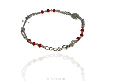NSA|Bracciale rosario uomo donna in Argento 925 madonna , croce e cristallo rosso 16,00 18,50 cm