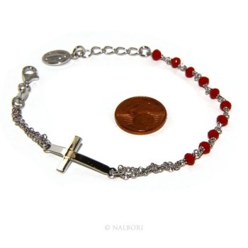 NSA|Bracciale rosario uomo donna in Argento 925 madonna , croce curva e cristallo rosso 15,00 17,50 cm