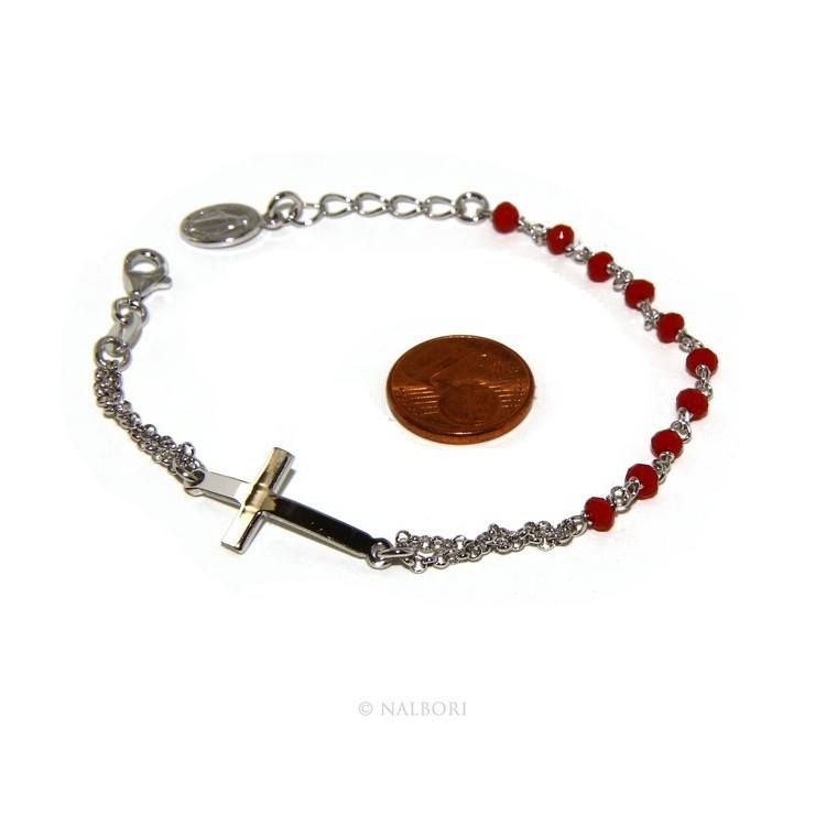 NSA|Bracciale rosario uomo donna in Argento 925 madonna , croce curva e cristallo rosso 15,00 17,50 cm