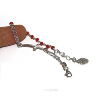 NSA|Bracciale rosario uomo donna in Argento 925 madonna , croce curva e cristallo rosso 15,00 17,50 cm