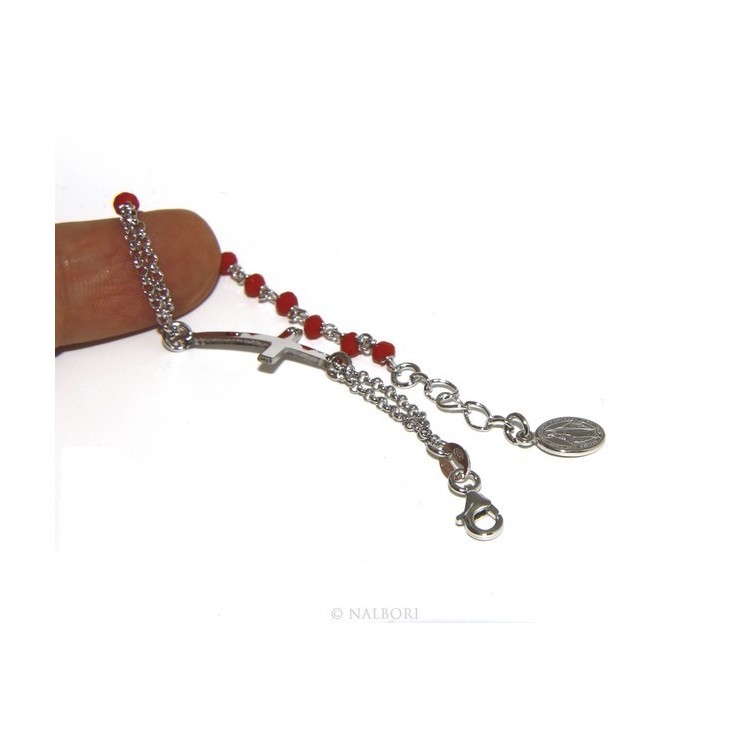 NSA|Bracciale rosario uomo donna in Argento 925 madonna , croce curva e cristallo rosso 15,00 17,50 cm