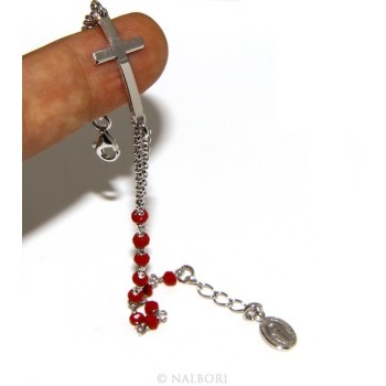 NSA|Rosary bracelet male female 925 madonna, curved cross and red crystal 15.00 17.50 cm