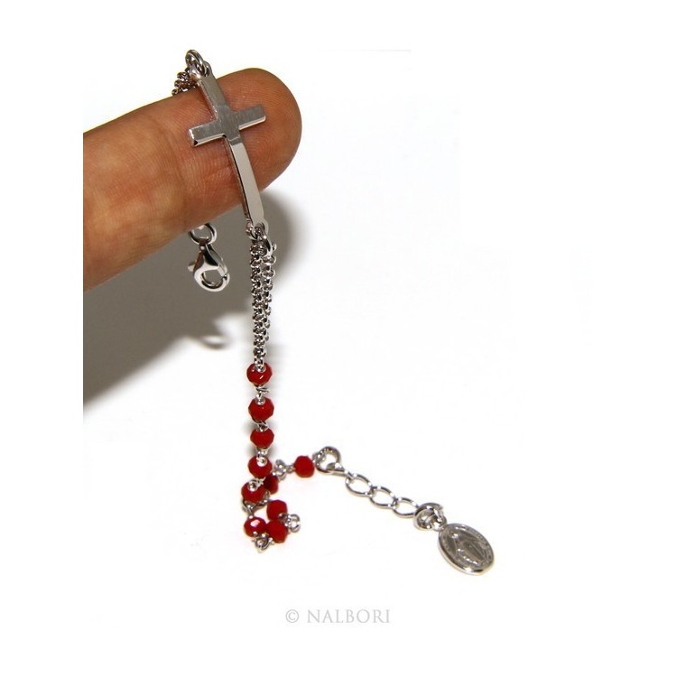NSA|Bracciale rosario uomo donna in Argento 925 madonna , croce curva e cristallo rosso 15,00 17,50 cm