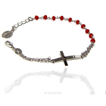 NSA|Rosary bracelet male female 925 madonna, curved cross and red crystal 15.00 17.50 cm