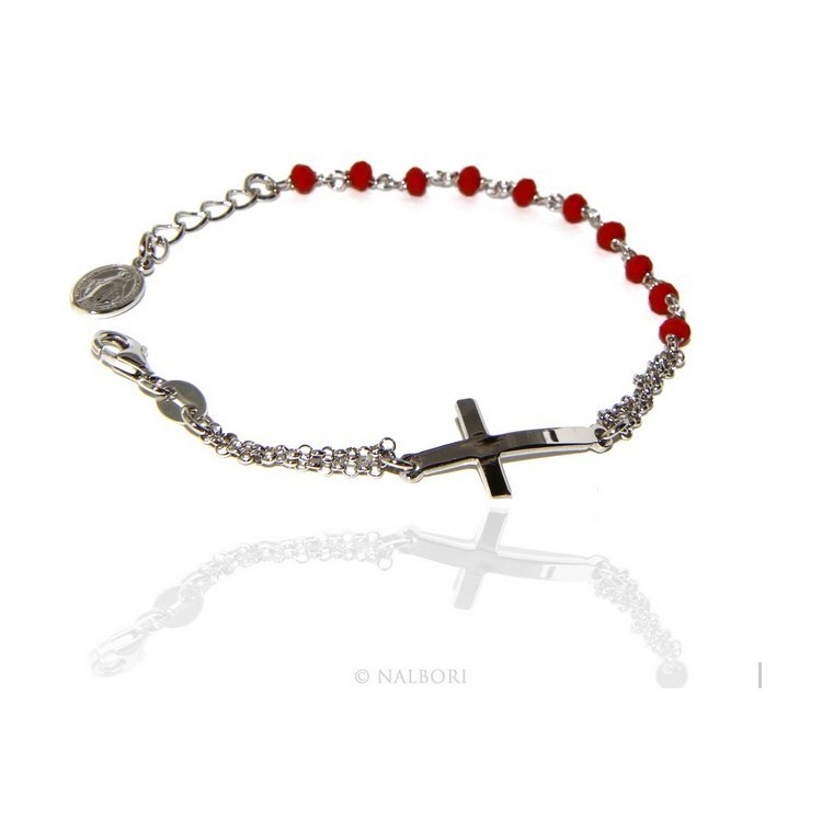 NSA|Bracciale rosario uomo donna in Argento 925 madonna , croce curva e cristallo rosso 15,00 17,50 cm