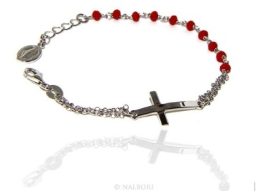 NSA|Bracciale rosario uomo donna in Argento 925 madonna , croce curva e cristallo rosso 15,00 17,50 cm