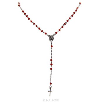 NSA|Collana Rosario uomo Argento 925 Con cristallo rosso 3,5mm croce e madonna 51+5