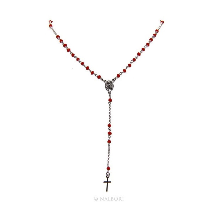 NSA|Rosary necklace man 925 With red crystal 3.5mm cross and madonna 51 + 5