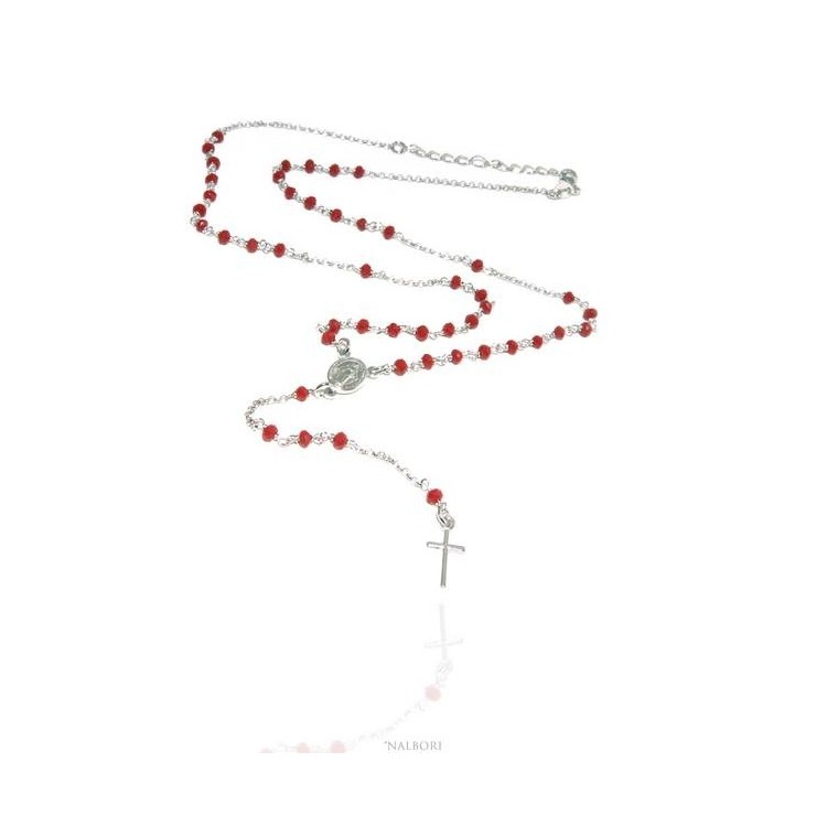 NSA|Collana Rosario uomo Argento 925 Con cristallo rosso 3,5mm croce e madonna 51+5 marca nalbori