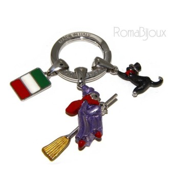 NSA|Keyring man or woman witch Befana with flying broom Black cat on fire enamel handmade, all 925 sterling silver amulet