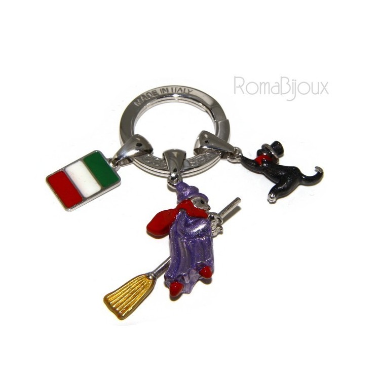 NSA|Keyring man or woman witch Befana with flying broom Black cat on fire enamel handmade, all 925 sterling silver amulet