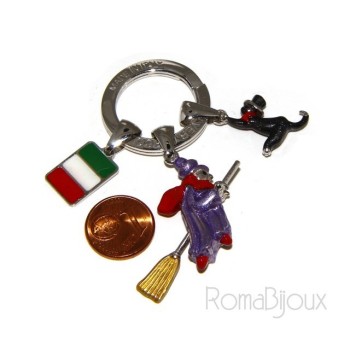 NSA|Keyring man or woman witch Befana with flying broom Black cat on fire enamel handmade, all 925 sterling silver amulet