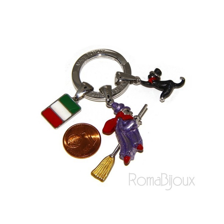 NSA|Keyring man or woman witch Befana with flying broom Black cat on fire enamel handmade, all 925 sterling silver amulet
