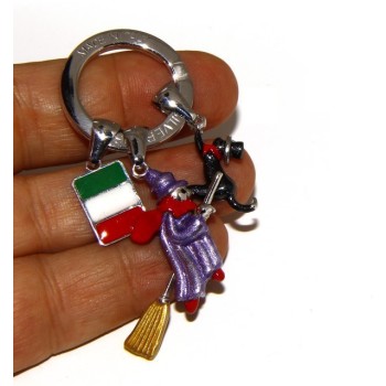 NSA|Keyring man or woman witch Befana with flying broom Black cat on fire enamel handmade, all 925 sterling silver amulet