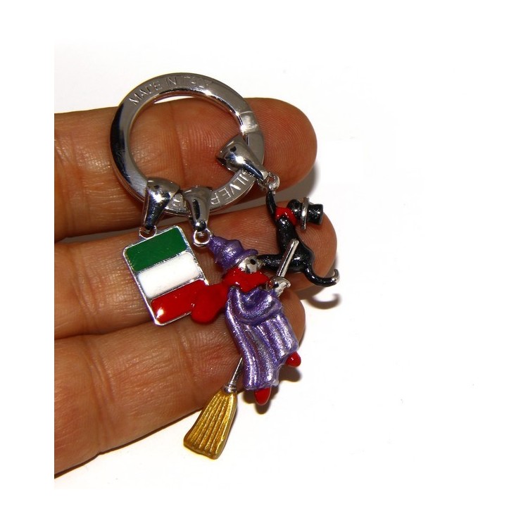 NSA|Keyring man or woman witch Befana with flying broom Black cat on fire enamel handmade, all 925 sterling silver amulet