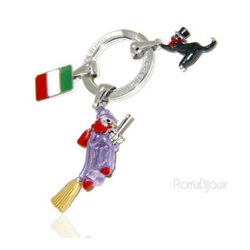 NSA|Keyring man or woman witch Befana with flying broom Black cat on fire enamel handmade, all 925 sterling silver amulet