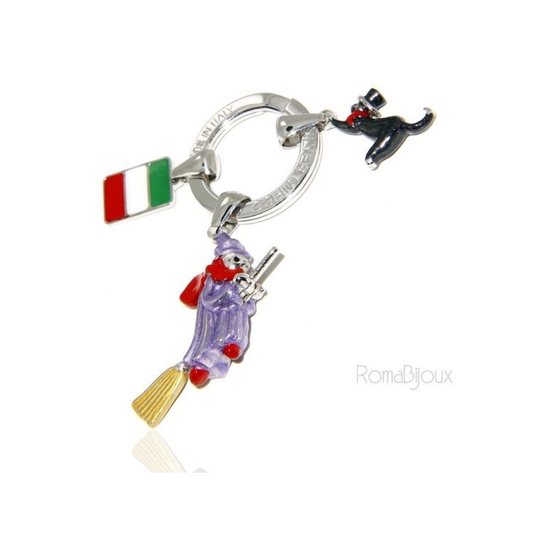 NSA|Keyring man or woman witch Befana with flying broom Black cat on fire enamel handmade, all 925 sterling silver amulet