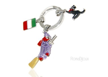 NSA|Keyring man or woman witch Befana with flying broom Black cat on fire enamel handmade, all 925 sterling silver amulet
