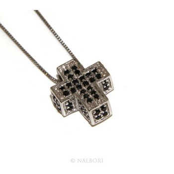 NSA|925: Necklace Collier man woman Venetian 45 cm in 3D and cross studded with zirconia black