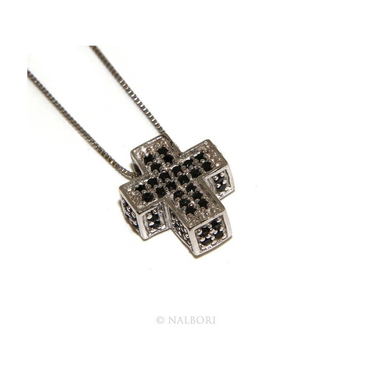 NSA|Argento 925 : Collana Collier uomo donna veneziana 45 cm e croce 3D a pavè di zirconi nero