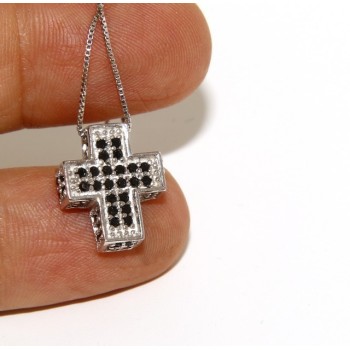 NSA|Argento 925 : Collana Collier uomo donna veneziana 45 cm e croce 3D a pavè di zirconi nero