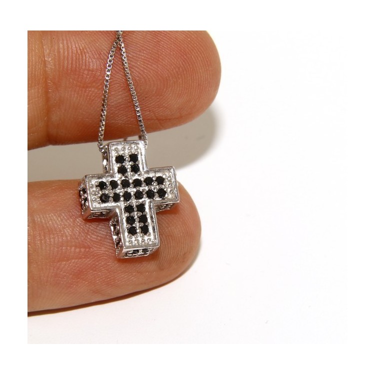 NSA|Argento 925 : Collana Collier uomo donna veneziana 45 cm e croce 3D a pavè di zirconi nero