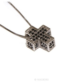 NSA|Argento 925 : Collana Collier uomo donna veneziana 45 cm e croce 3D a pavè di zirconi nero