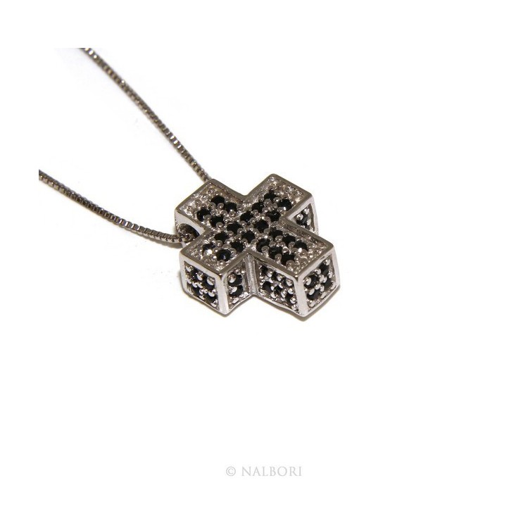 NSA|925: Necklace Collier man woman Venetian 45 cm in 3D and cross studded with zirconia black