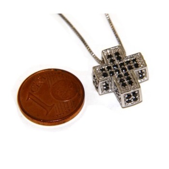 NSA|Argento 925 : Collana Collier uomo donna veneziana 45 cm e croce 3D a pavè di zirconi nero