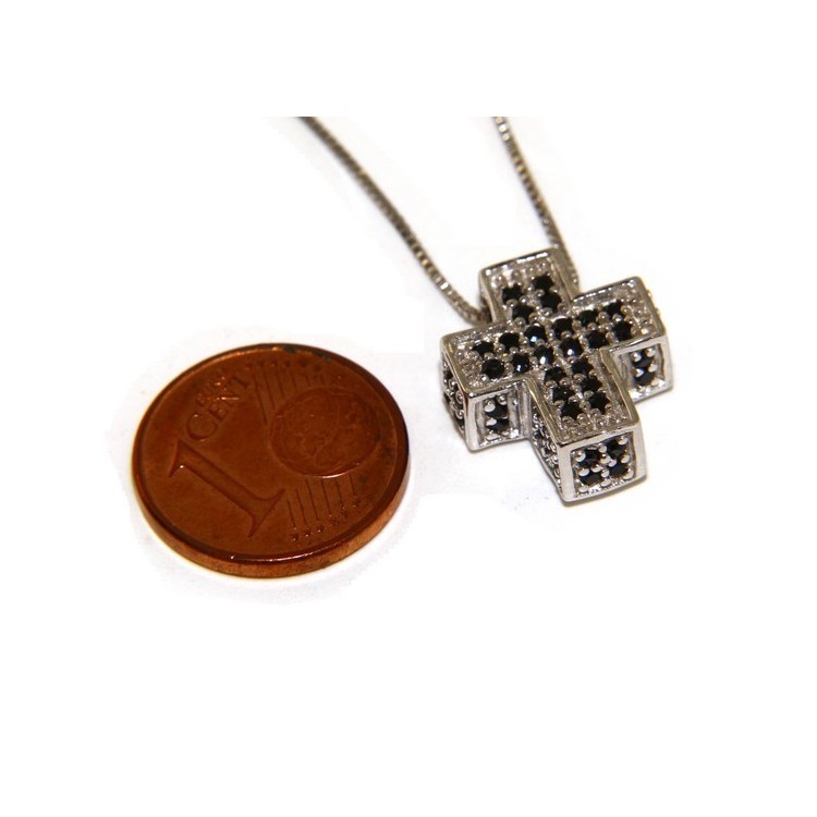 NSA|Argento 925 : Collana Collier uomo donna veneziana 45 cm e croce 3D a pavè di zirconi nero