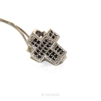 NSA|925: Necklace Collier man woman Venetian 45 cm in 3D and cross studded with zirconia black