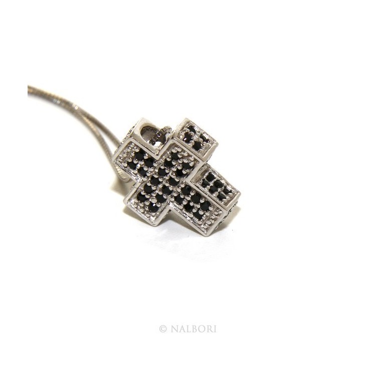 NSA|Argento 925 : Collana Collier uomo donna veneziana 45 cm e croce 3D a pavè di zirconi nero