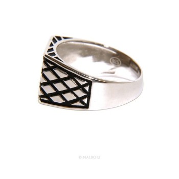 NSA|Ring Silver 925 Men's rectangular shield diamond pattern black ribbed