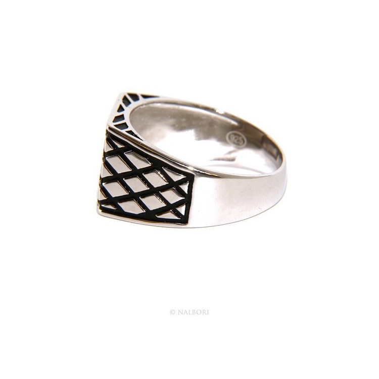 NSA|Ring Silver 925 Men's rectangular shield diamond pattern black ribbed