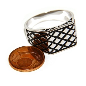NSA|Ring Silver 925 Men's rectangular shield diamond pattern black ribbed