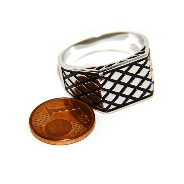 NSA|Ring Silver 925 Men's rectangular shield diamond pattern black ribbed