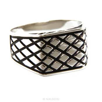 NSA|Ring Silver 925 Men's rectangular shield diamond pattern black ribbed