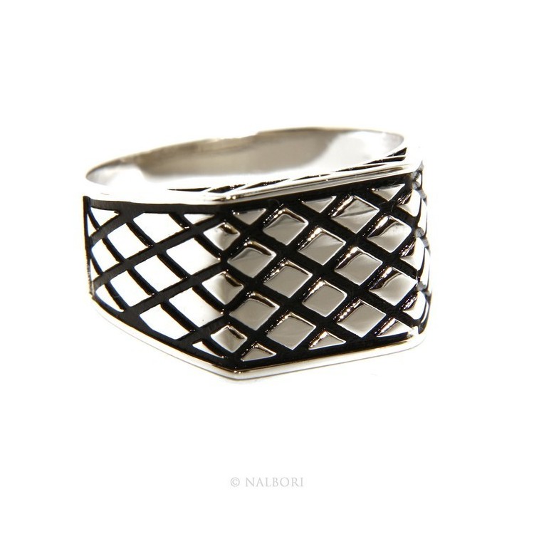 NSA|Ring Silver 925 Men's rectangular shield diamond pattern black ribbed
