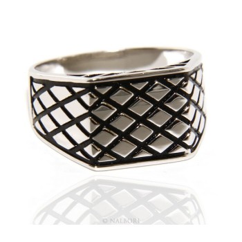 NSA|Ring Silver 925 Men's rectangular shield diamond pattern black ribbed