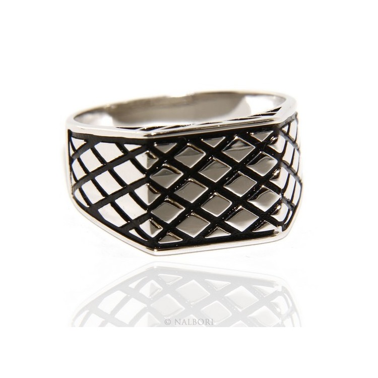 NSA|Ring Silver 925 Men's rectangular shield diamond pattern black ribbed