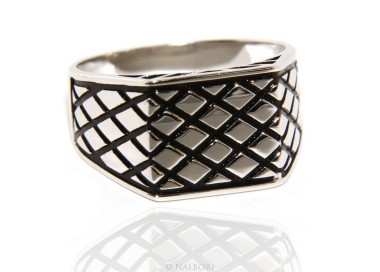 NSA|Ring Silver 925 Men's rectangular shield diamond pattern black ribbed